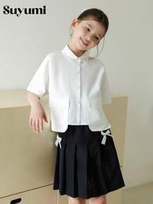 SHEIN Tween Girls' Summer Casual Solid Color T-Shirt With Bow Decor And Pleated Skirt Set - White - View 7