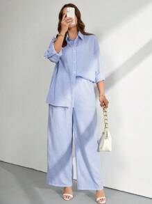 SHEIN Tall CURVE 大码女式蓝白条纹宽松休闲两件套 - 藍色 - 查看 3
