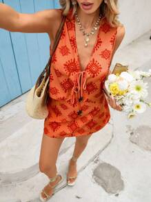 Vivid Eden Women's Vacation Boho Geometric Print Tie Front Vest & A-Line Skirt Casual 2pcs Set, Vacation Outfits,Vacation Outfits ,Beach Vacation Outfits,Tropical Vacation Woman Clothes,Rave Outfits Festival,Women Summer Clothes,Festival Outfits For Women,Fall Women Clothes, Orange Summer Outfits - Multicolor - View 7