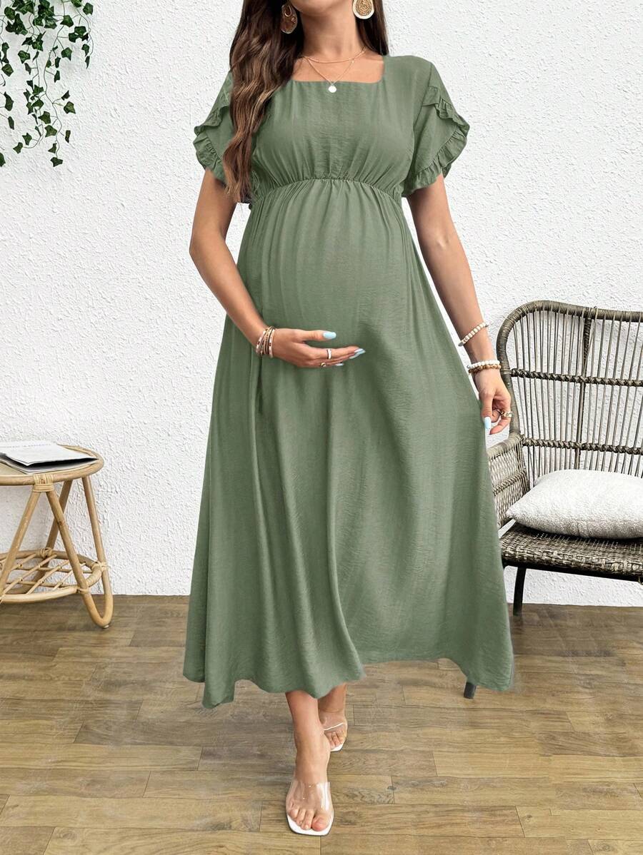 SHEIN 孕妇休闲纯色方领荷叶边花瓣袖束腰连衣裙