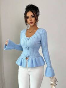 Elenzga Minimalist Fashion Hollow Out Lace Trim Pullover Flare Sleeve Knit Sweater Knit Pullover Fall Winter - Baby Blue - View 6