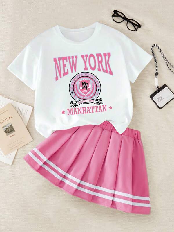 SHEIN 2pcs/Set Girls Kid Casual Cute Anime Cat Graphic Print Round Neck Short Sleeve Top & Pleated Skirt Set, School, Campus, College