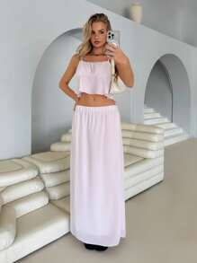 Roylia 2pcs Vacation Casual Solid Color Camisole And Skirt Set - Pink - View 5