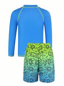 SHEIN Teenager Jungen Bademode Set - Video Spiel Grafik Langarm Rashguard Top und elastische dehnbare Badeshorts, geeignet für Sommer Strand Surfen Schwimmen - Verschiedenfarbig - Übersicht 2