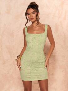 SHEIN BAE 女士夏季花卉纹理细肩带方领迷你连衣裙 - 綠色 - 查看 6