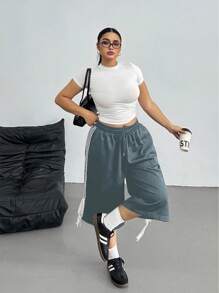 POPSWAY 大码女式休闲运动系带宽松百慕大运动短裤，街头风格，春夏 - 霧霾藍 - 查看 4