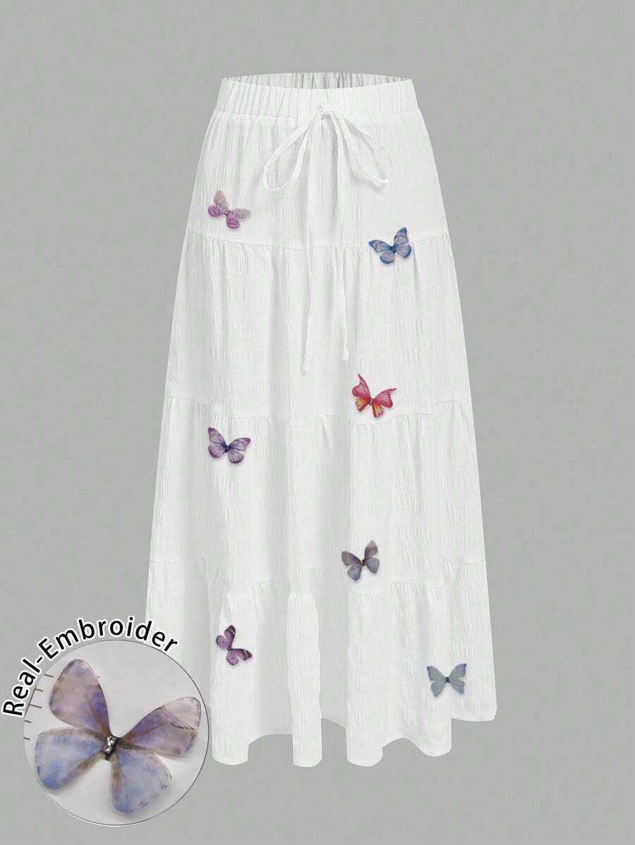 SHEIN EZwear Váy bánh thêu hình bướm ba chiều nhiều lớp cho kỳ nghỉ thường ngày của phụ nữ, phù hợp cho kỳ nghỉ mùa hè và mùa xuân - trắng - Xem 1