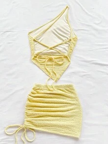Soleia Vacation Knit Textured Criss-Cross Halter Neck Asymmetric Camisole + Knit Textured Drawstring Waist Bodycon Skirt Set Yellow Two Piece Set Summer Two Piece Set Knitted Two Piece Set One Shoulder Two Piece Set - Mustard Yellow - View 2
