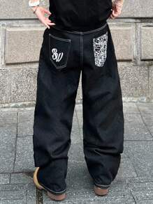 PAVTROS Manfinity Streetrush Street Fashion Print Men's Plus Size Denim Jeans Streetwear Pants Men Baggy Jeans Men College Hang Out Urban Street, Grunge