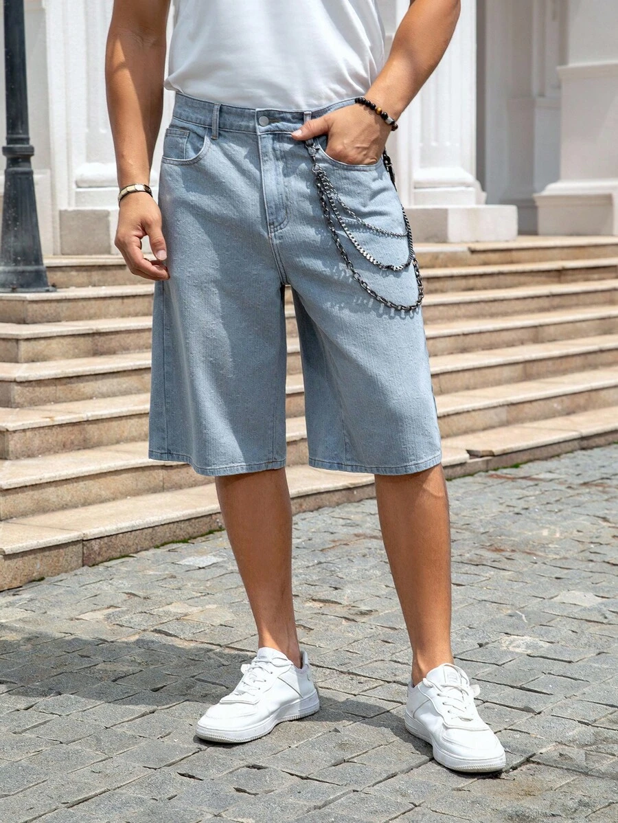 Manfinity Homme 男式宽松口袋休闲百搭牛仔百慕大短裤 - 淺色水洗藍 - 查看 1