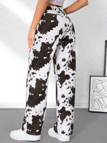 SHEIN Tall Jeans anchos y sueltos de estilo casual con estampado de vaca, jeans blancos para mujer, ropa de mujer para otoño, jeans de vuelta al colegio