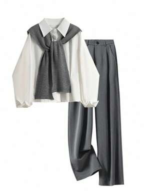 INAWLY 2pcs Women's Fashion Casual Romantic Long Sleeve Shirt And Long Pants Set
