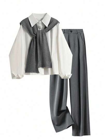 INAWLY 2件套女士时尚休闲浪漫长袖衬衫和长裤套装