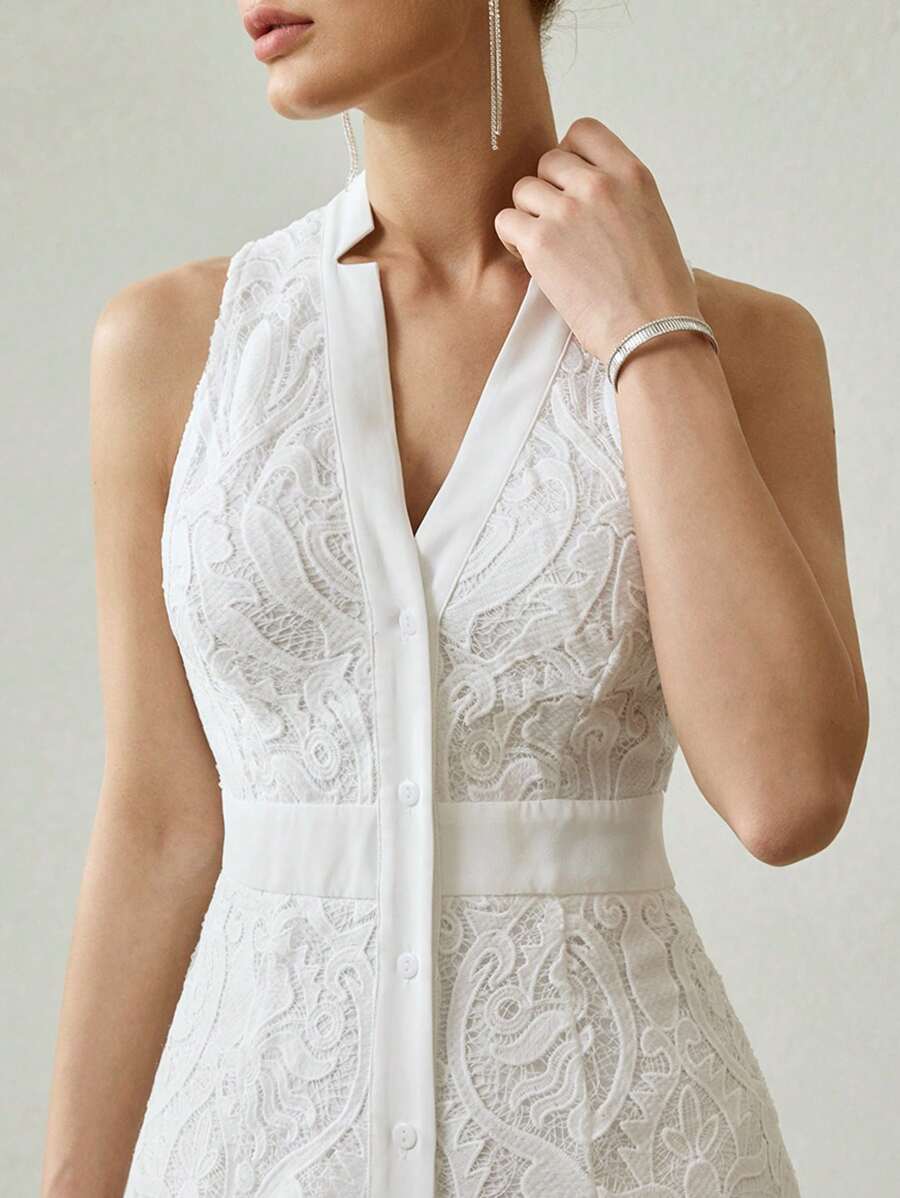 MOTF PREMIUM GUIPURE LACE OVERLAY V-NECK FLOWY HEM MIDI DRESS - White - View 2