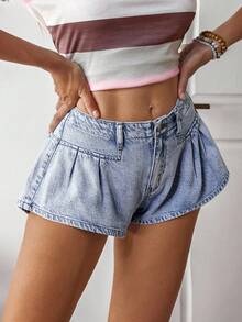 SHEIN ICON Women's Pleated Casual Low Waist Wide Leg Denim Shorts - Light Wash - View 5