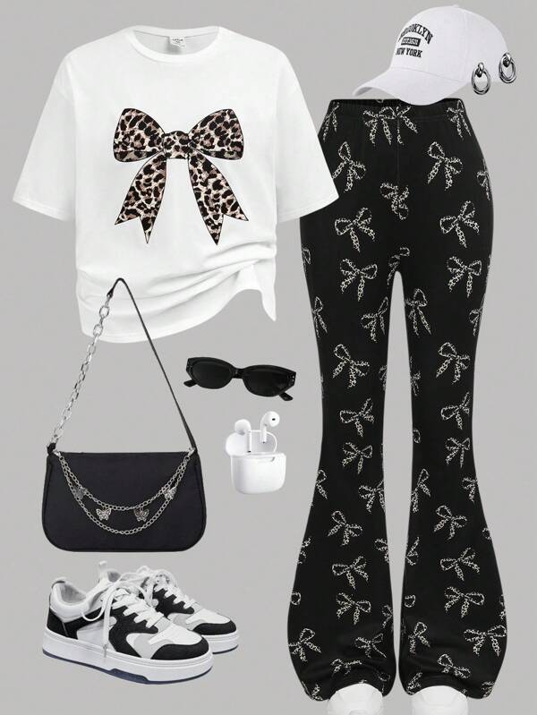 Girlism Set de 2 piezas, Camiseta de manga corta holgada con gráfica de lazo y estampado de leopardo + Pantalones acampanados, apto para niñas preadolescentes en verano, estilo "clean girl", temporada de vuelta al colegio