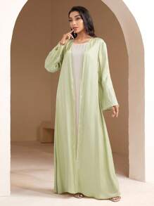 Veilorie Áo choàng Abaya Ả Rập rộng rãi hở phía trước thêu lá thanh lịch cho nữ - Màu xanh Bạc hà - Xem 4