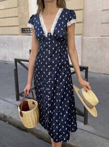 Pariaura French Lace Patchwork Mini Ditsy Floral Dress - Navy Blue - View 5