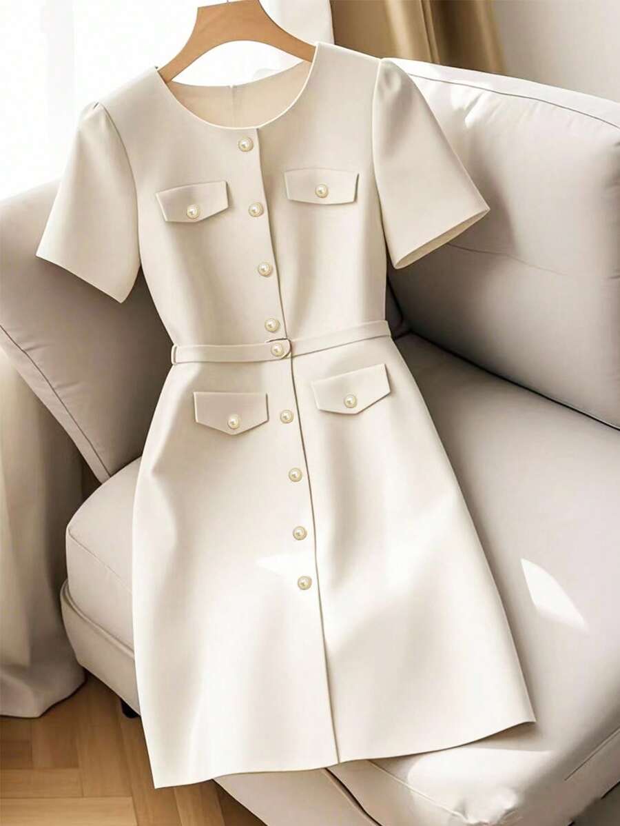 Franclia 女士优雅休闲纯色纽扣迷你连衣裙，适合夏季大学校园穿着