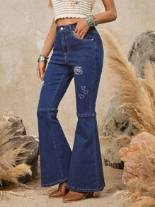 SHEIN LUNE Women's Elastic Denim Embroidered Flared Long Pants - Medium Wash - View 5