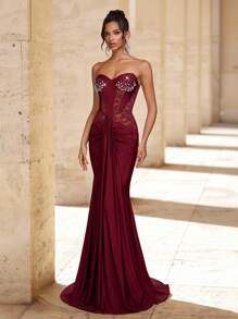 Glamrae Elegante, lujoso y sexy vestido largo de gasa con parche de encaje elástico, drapeado, de estilo sirena, adecuado para boda, fiesta, discoteca, vacaciones, vestido de gala (de gran resistencia) - Burdeos - Ver 5