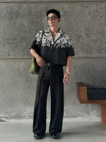 ESTAVOR 1 件男士休闲花卉印花短袖黑白梭织衬衫，适合夏季 - 彩色 - 查看 5