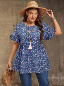 EMERY ROSE Plus Size Women Ditsy Floral Round Neck Short Sleeve Ruffled Hem Shirt For Holiday Plus Size Tunic Tops Plus Size Summer Shirt Tunic Tops For Women Boho Tops Plus Size Plus Size Women Clothes Blouse - Blue - View 3