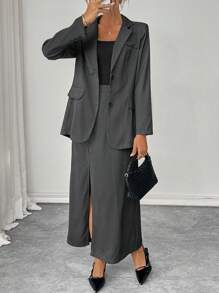 Chiquease Women's Business Style Solid Color Blazer Jacket & High Slit Skirt Suit Set, Suitable For Commute Fall Cloth For Women - Dark Grey - View 4