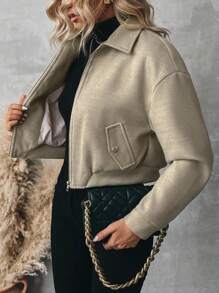 Chiquease Linho Cor Lapela Zíper Lã Cardigan Curto Casaco Casual