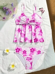 SHEIN Conjunto de camisola y tankini para adolescentes, con estampado floral y vegetal, atuendo casual para la playa, fiesta en la piscina, regalo de color dopamínico - Morado - Ver 3