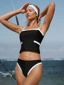 SHEIN Swim 女士新款运动分体泳衣套装，纯黑白拼色设计，自信舒适的沙滩比基尼 - 黑與白 - 查看 7