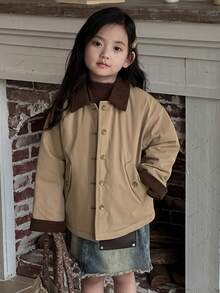 Dazy Kids Áo khoác đệm màu khối cho bé gái, Quần áo mùa thu cho bé gái - Màu Khaki - Xem 5