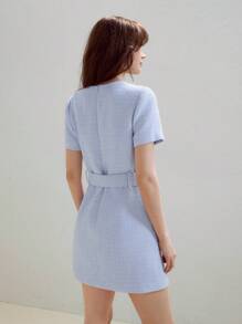 MOTF PREMIUM CONTRAST TRIM BELTED DRESS - Blue and White - View 3