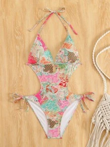 Swim Vcay 女士波西米亚印花露背镂空连体泳衣，性感绷带沙滩度假泳衣，夏季 - 彩色 - 查看 3