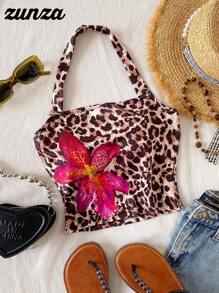 1件装女童豹纹热带花卉印花露脐吊带背心，休闲夏季女童背心，豹纹背心，猎豹纹背心，花朵抹胸背心，花卉吊带背心