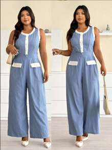 SHEIN LUNE Eleganter Jumpsuit in Große Größen mit Streifenmuster, Rüschentrimm und Knopfdetails an der Taille, ärmellos, weites Bein, Frühling/Sommer Damenmode - Blau - Übersicht 7