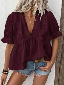 Auvina Women's 3D Laser Cut V-Neck Puff Sleeve Blouse - Burgundy - View 1