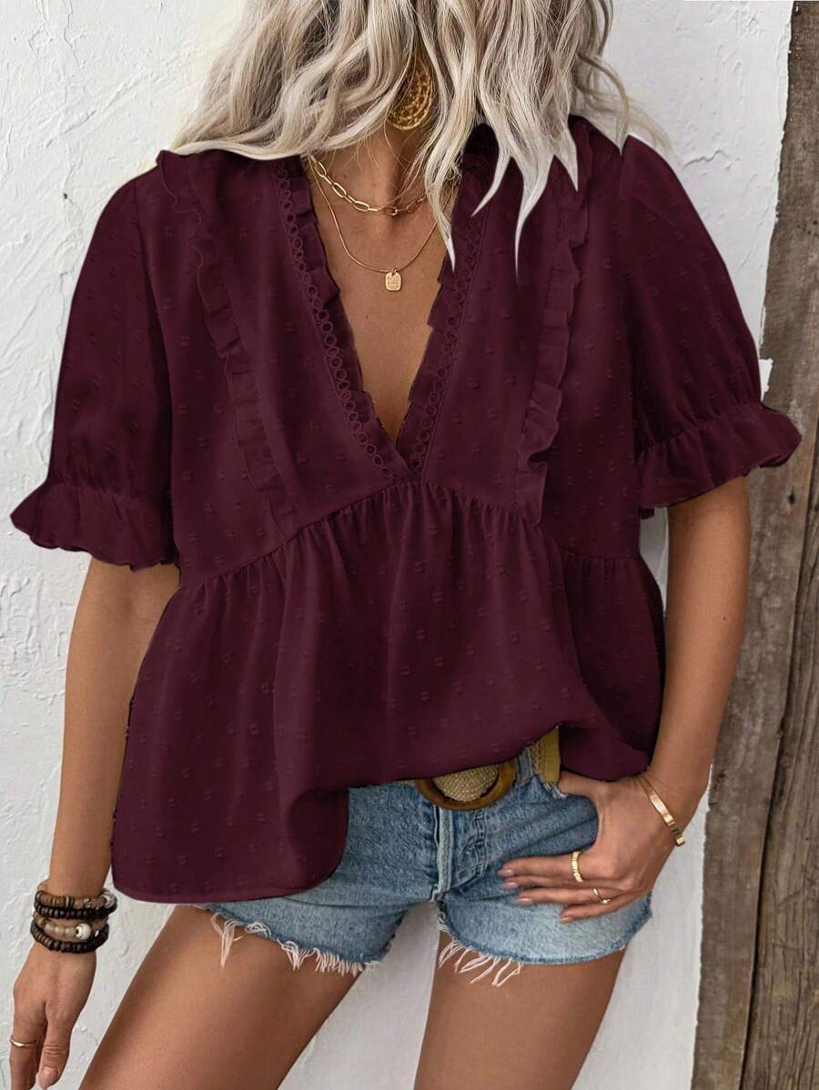 Auvina Women's 3D Laser Cut V-Neck Puff Sleeve Blouse - Burgundy - View 1