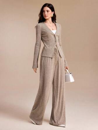 Spring Affair Loose Solid Color Rib Knit Drawstring Wide Leg Jersey Stretchy Pants, Airport Street Wear, Fall