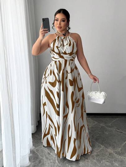 SHEIN SXY Plus Size Women Spring Summer Sexy Elegant Commute Minimalist Black White Stripe Print Tie Waist A-Line Dress, Suitable For Everyday Wear, Business, Simple, Commute, Elegant, Casual, Shopping, Streetwear, Going Out, Coquette, Easy To Match & Looks Slim, Accentuate Your Body, Flatter The Figure,Wedding Guest Dress Women