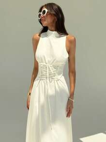 Aloruh New Stylish Minimalist Stand Collar Cinched Waist Sleeveless Bodycon Solid Color Midi Dress, Commuter Friendly - Beige - View 6