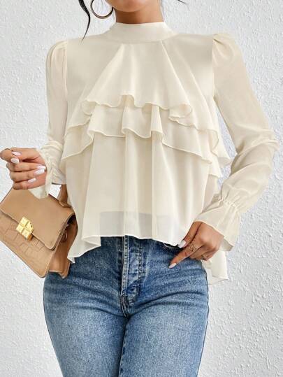 Firerie Blusas de mujer de manga larga asimétrica con volantes multicapa y perspectiva de gasa, color albaricoque, para verano y otoño, atuendos para graduación, maestros, regreso a la escuela, vacaciones, ropa de mujer para otoño, estilo "Old Money", atuendos de oficina para mujer