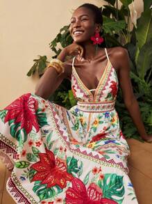 Travachic Tropisches Muster-Neckholder-Rückenfreies Kleid für den Urlaub, Herbst Damenbekleidung, Herbstbekleidung, Kleider für Damen, Damenkleider, Urlaubsoutfits für Frauen, Sommeroutfits für Damen