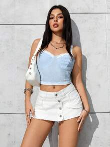 SHEIN PETITE 女式夏季休闲纯色原色下摆纽扣牛仔短裤 - 藍色 - 查看 1