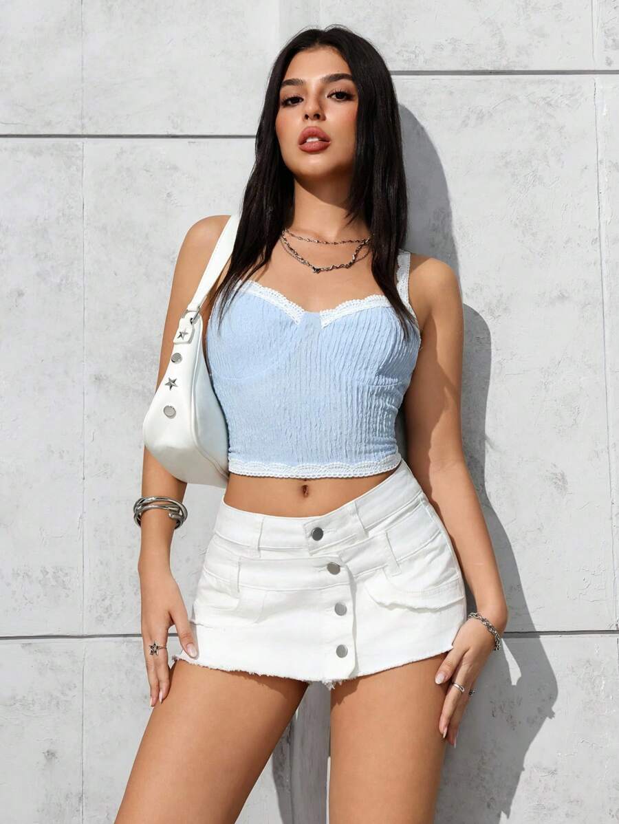 SHEIN PETITE 女式夏季休闲纯色原色下摆纽扣牛仔短裤 - 藍色 - 查看 1