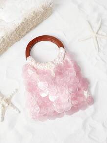 SHECARRY Fashionable & Elegant Sequin Mini Handbag With Wooden Handle - Pink - View 1
