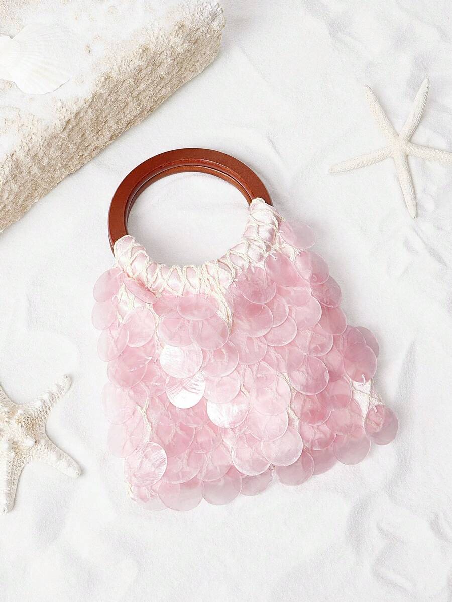 SHECARRY Fashionable & Elegant Sequin Mini Handbag With Wooden Handle - Pink - View 1