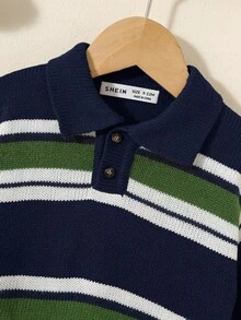 SHEIN 多色复古条纹嵌花针织百搭休闲宽松领柔软舒适毛衣，适合男婴和女婴，适合秋冬季，适合居家、外出、上学，时尚简约英伦风格 - 彩色 - 查看 4