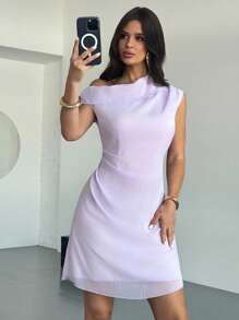 Firerie Summer Women's Simple Elegant Vacation Beach Holiday Casual Asymmetric Neck Ruffle Design Light Purple Mini Off The Shoulder Dress, Suitable For Back To School, Airport Outfit, Travel Outfit, Going Out