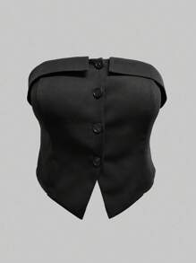 INAWLY Plus Size Women Solid Color Minimal Bandeau Black Top